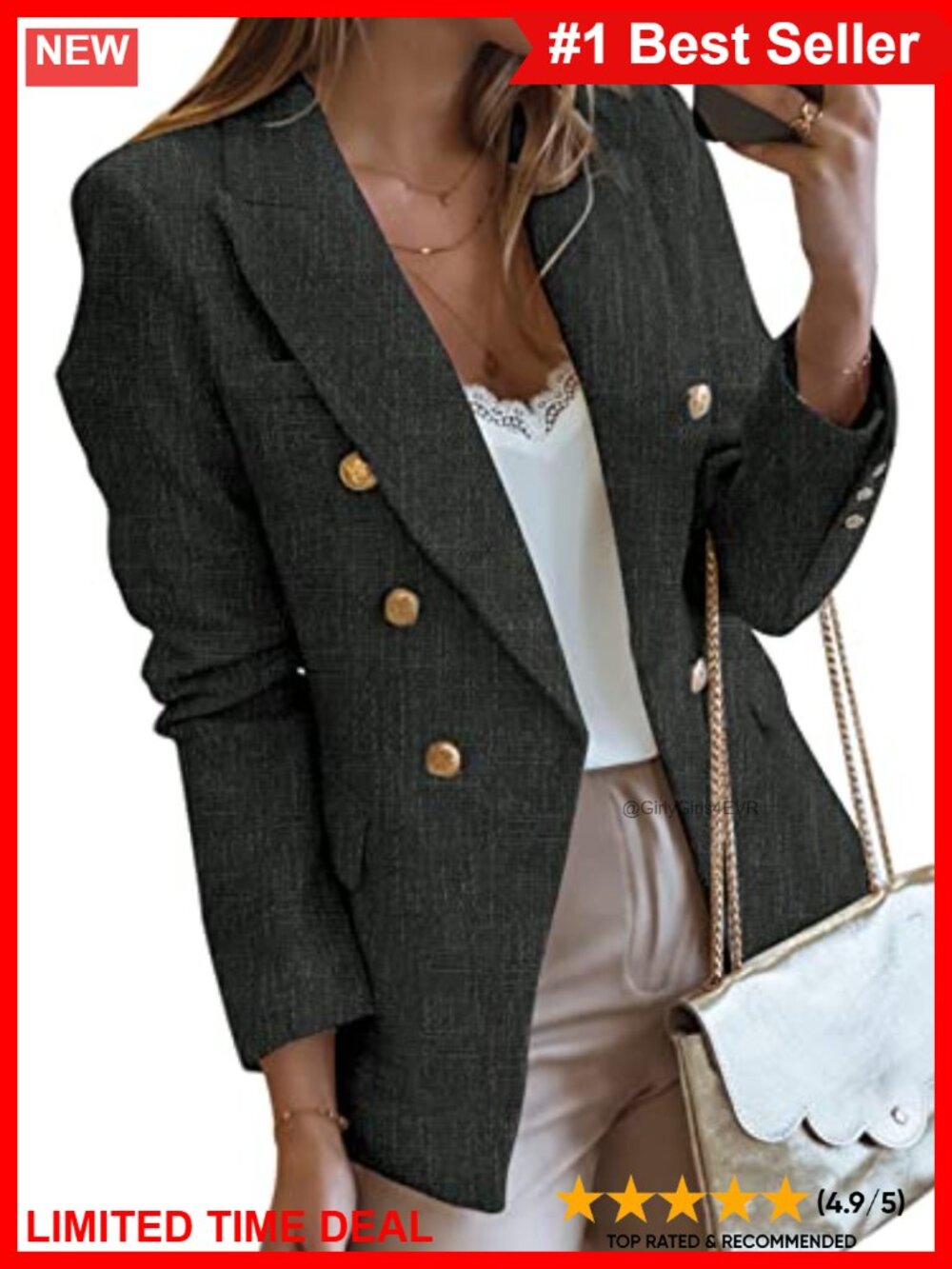 Womens Tweed Blazer Double Breasted Long Sleeve Open Front Work Suit Jacket